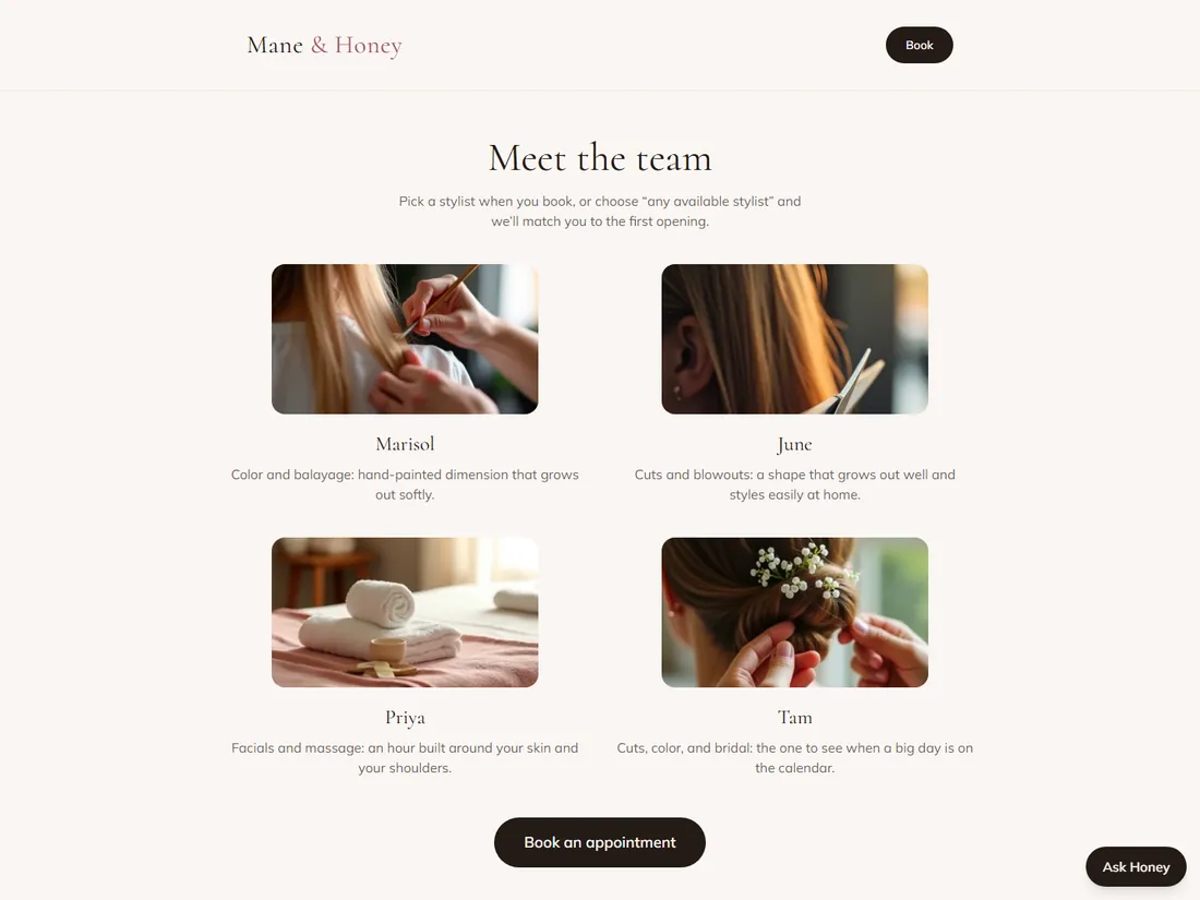 Mane & Honey, a demo build: pick a named stylist or any available when you book.