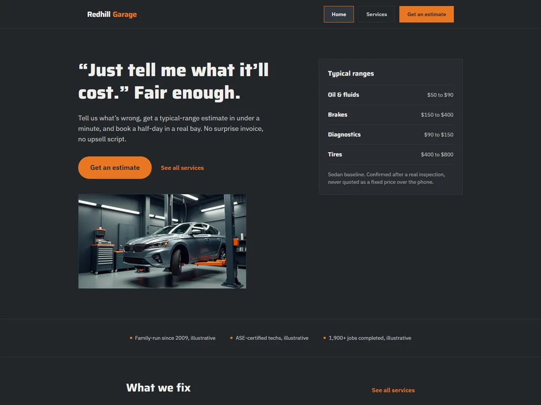 Redhill Garage, a demo build: an instant estimate and a scheduler across three service bays.