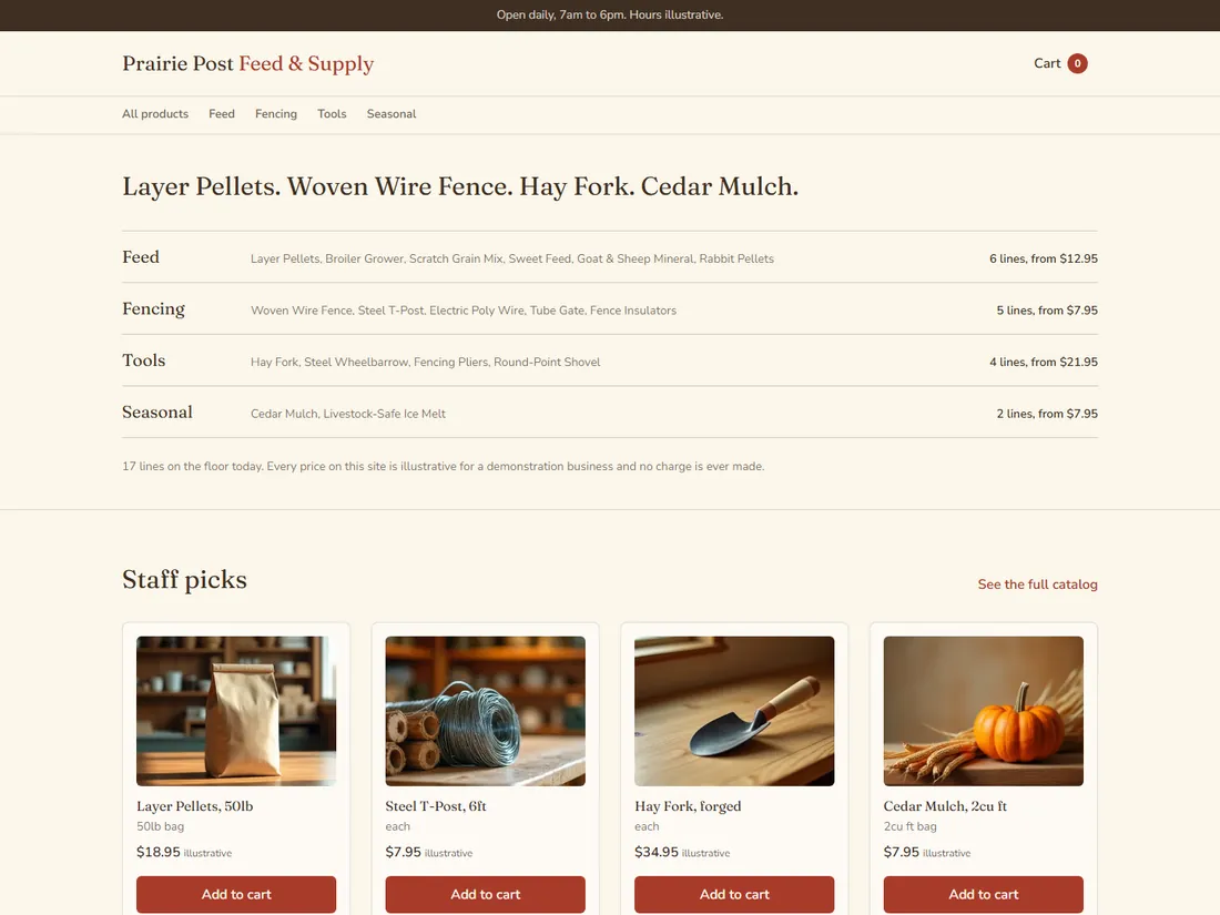 Prairie Post Feed & Supply, a demo build: a product catalog with a working cart and checkout.