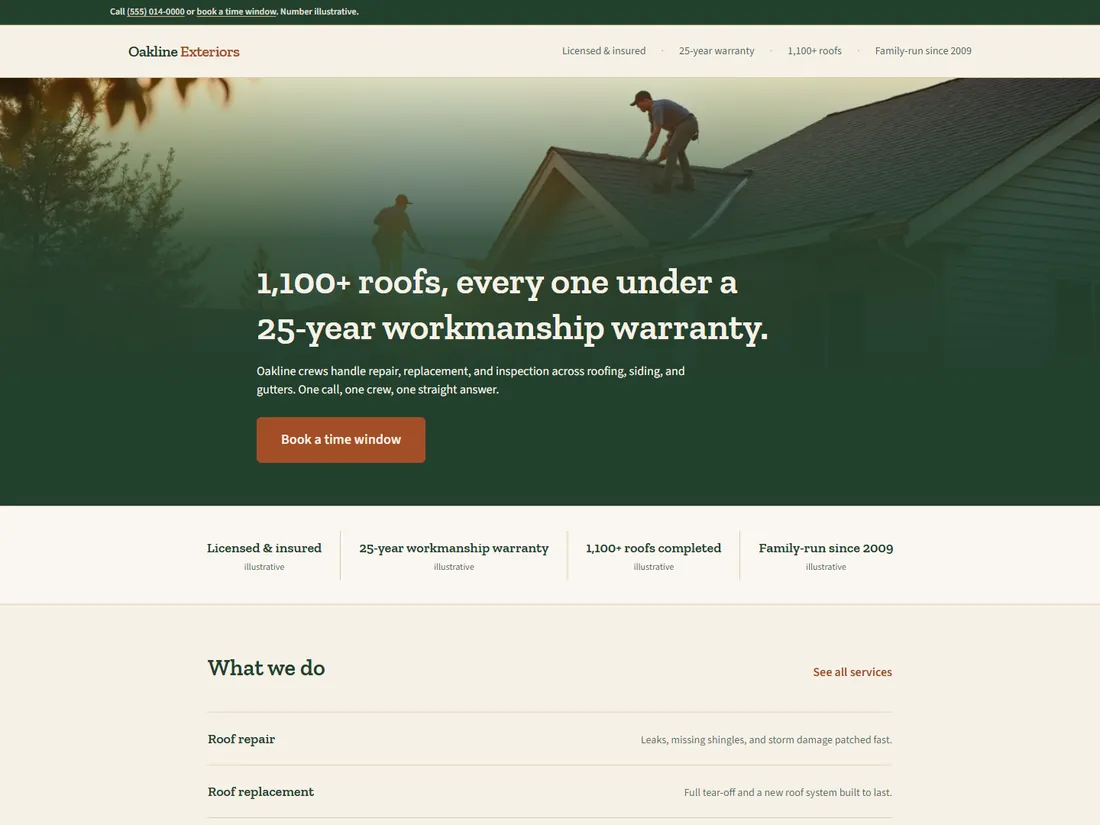 Oakline Exteriors, a demo build: a roofing site that books a two-hour arrival window.