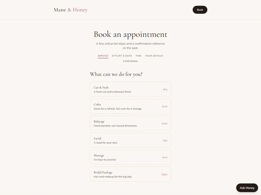 Mane & Honey, a demo build: a self-serve booking flow that answers at any hour.