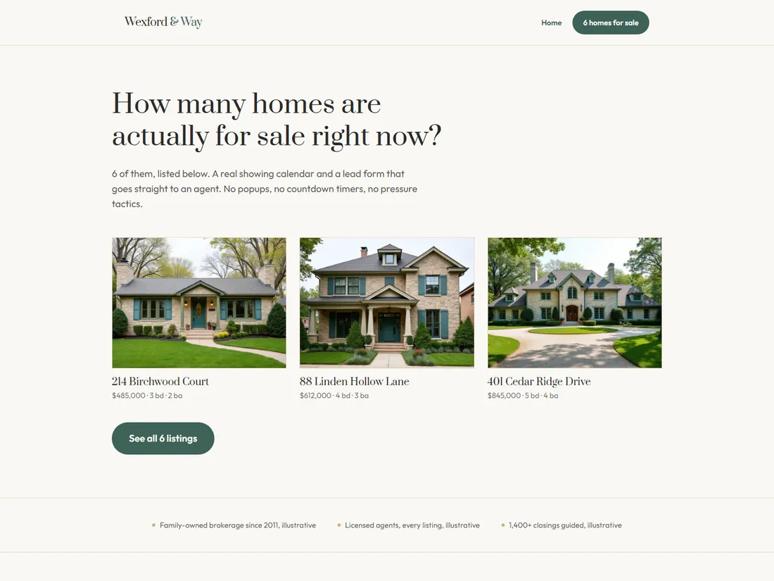 Wexford & Way Realty, a demo build: a listings site with a photo gallery per property.